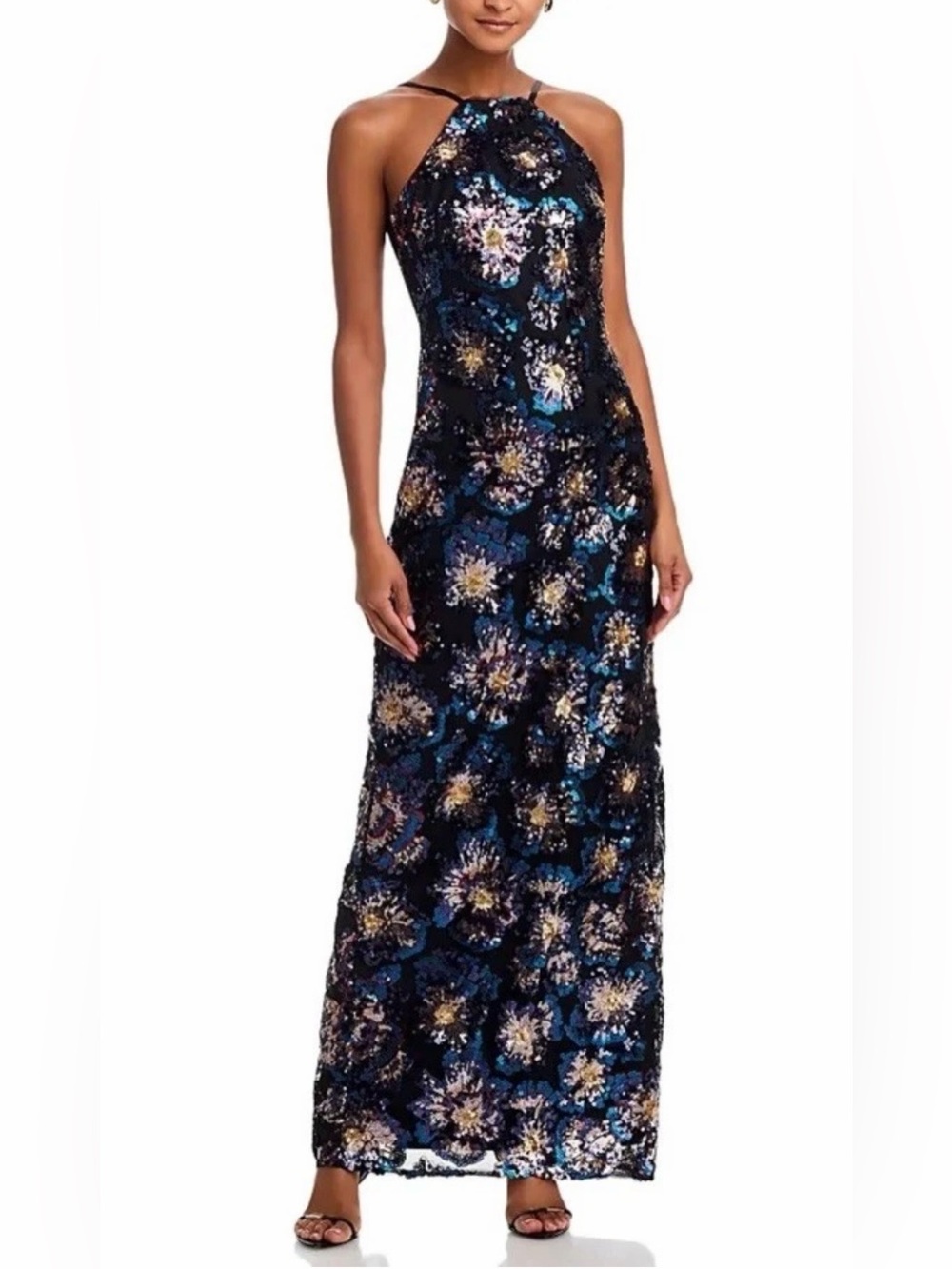New ADRIANNA PAPELL Sequin Floral Column Maxi Gown Blue Multi Size 14 $370